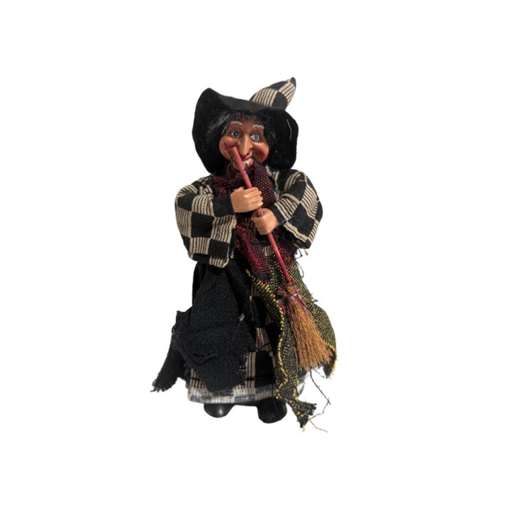 Halloween Plaid Apron Witch with Broom Ornament, Cute Ornament, Room Atmosphere Prank Decoration, 3 Pcs