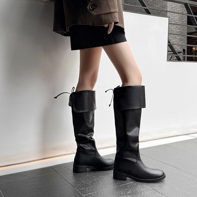 4CM European and American fashion simple knee boots 2025 autumn and winter new round head thick heel folded high knight boots women