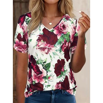 T-Shirt Damen Sommer lässig elegant einfach V-Ausschnitt Kurzarm 3D-Druck Blumendruck Top locker Freizeitkleidung Damen T-Shirt