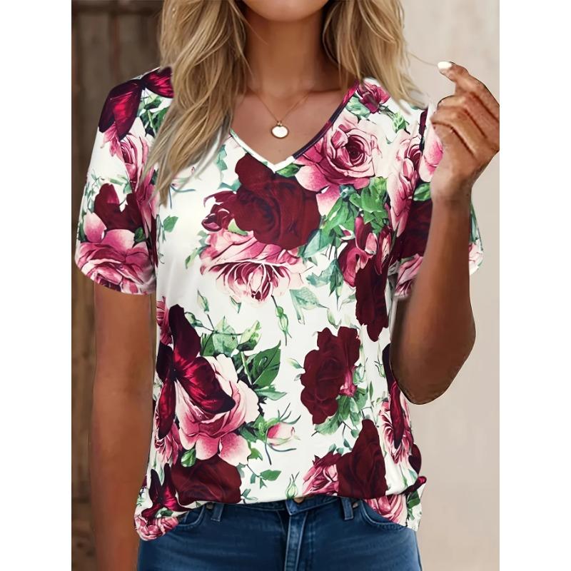 

T-shirt women summer casual elegant simple V-neck short sleeve 3d print floral print top loose casual wear ladies T-shirt S