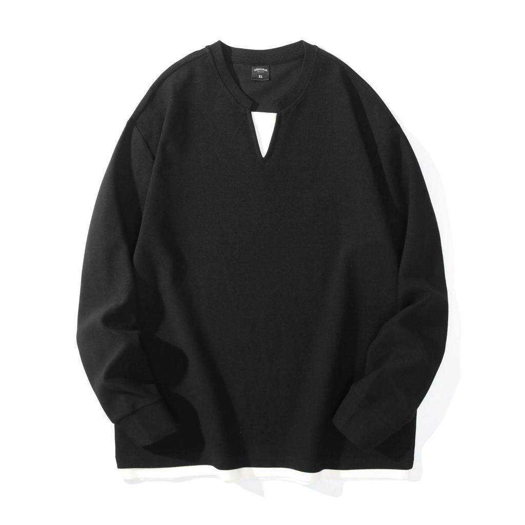 Men's Black Waffle Texture Faux Two-Piece Henley Long Sleeve T-Shirt - Korean College Style for Autumn