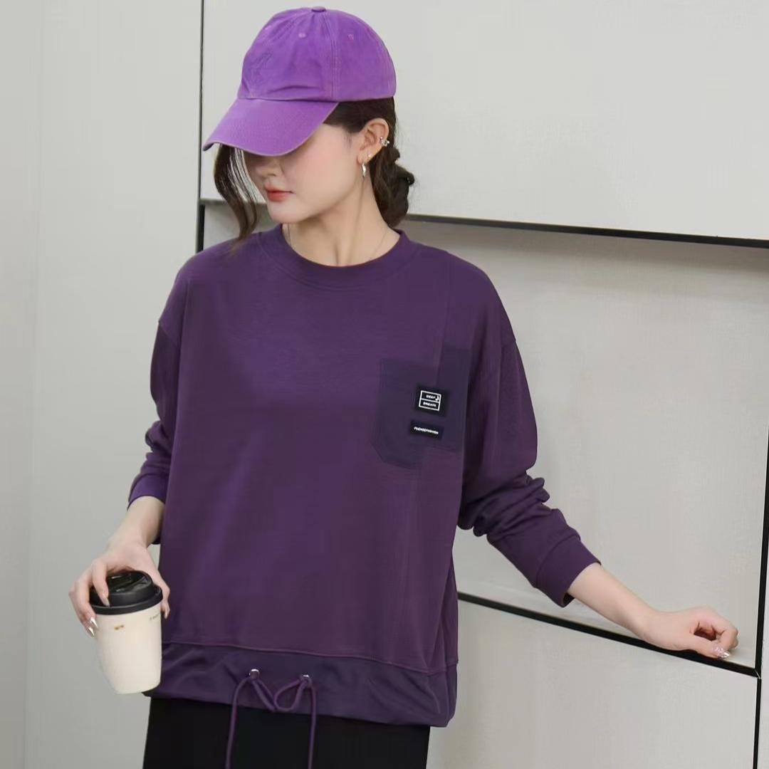 

Осенняя футболка однотонная футболка женская принт однотонная с длинным рукавом свободные топы футболки фиолетовые One Size фиолетовый