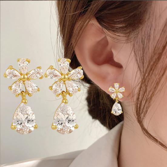 Yousheng 1 Pair Stud Earrings Clear Waterdrop Golden Elegant Luxury Rhinestone Inlaid Flower Dangle Earrings Fashion Jewelry