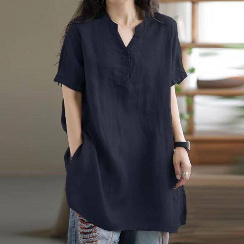 Middle-Aged Mother Cotton V-neck Short sleeve Shirts Women Summer Plus size Loose Slimming Western Style Mid-Length T-shirt Top