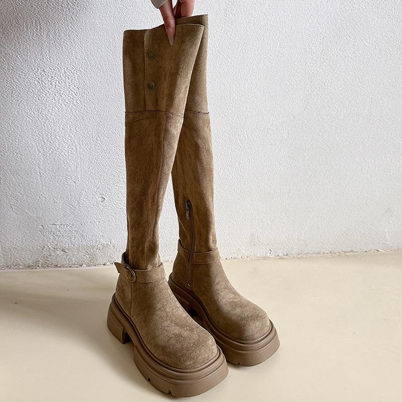 

толстый каблук толстая подошва замшевые рыцарские сапоги женские 2024 новые зарубежные модные сапоги боковая молния тонкие эластичные сапоги прилив 39