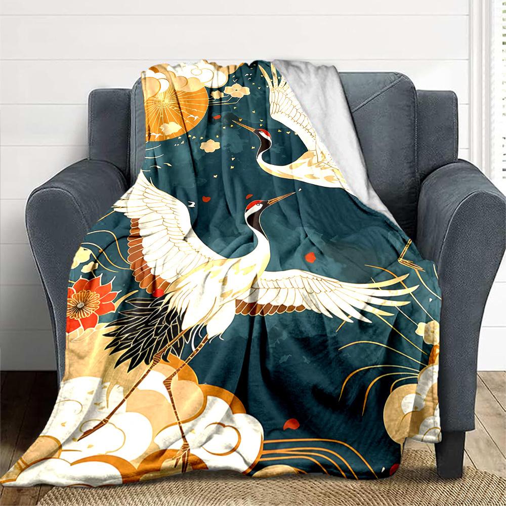 1 Stück leichte Flanelldecke mit Kranich- und Blumenmuster, bequeme und warme Decke, für Büro und Camping, Sofa, Bett, Wohnzimmer076