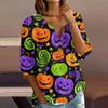 Women's Casual Halloween Print V-Neck Button Three-Quarter Sleeve T-Shirt