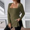 Women's Plus Size Casual And Fashionable Square Neck Long Sleeved Slit Top Slit Top