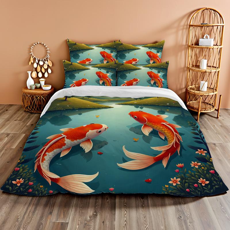 

3D Digital Printing Bedding Two Or Three-Piece Set Koi Roaming Polyester Quilt Cover EU single 135*200