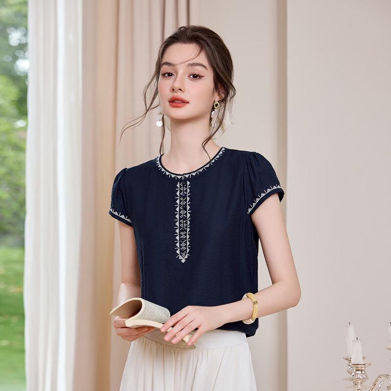 Women s Retro Embroidered Puff Sleeve Blouse XL темно-синий
