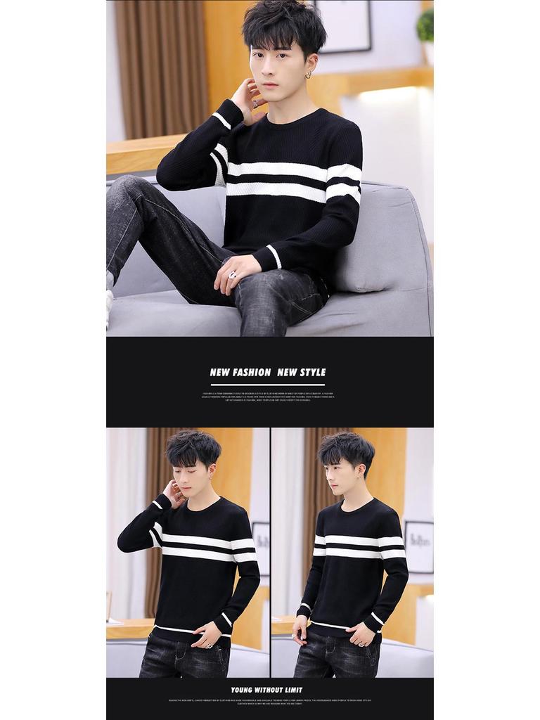 Autumn 2020 Men's Slim Fit Korean Style Round Neck Knitted Pullover Sweater - Fashionable Long Sleeve Base Shirt