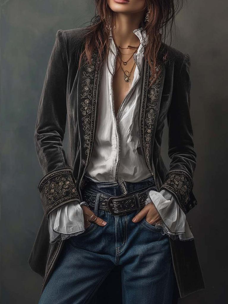 Women's Long Sleeve Solid Color Patchwork Lace Golden Velvet Coat