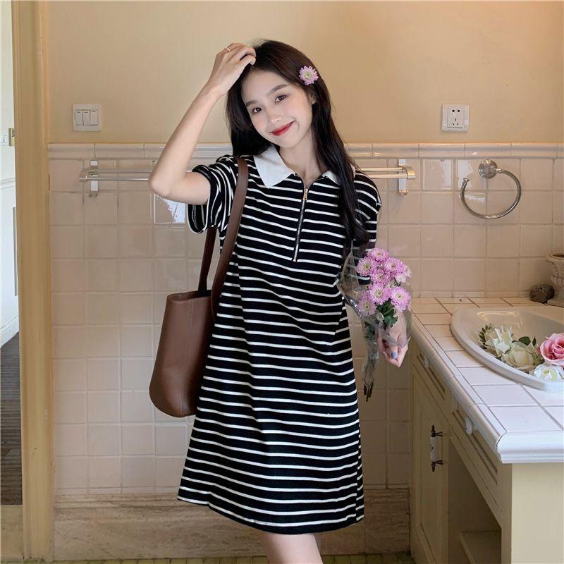 Dress women's summer clothes new loose short-sleeved skirt women's stripes fat mm thin foreign style age-reducing clothes skirt