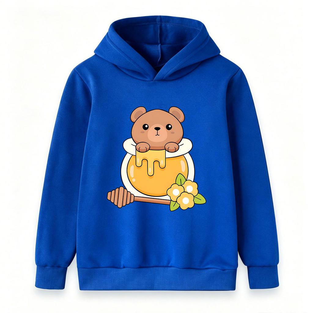 Kids Boys Girls Cute Bear In Honey Pot Print Pullover Hoodie, Casual Soft Long Sleeve Hooded Sweatshirt For Daily Wear Warm Tops For Little Honey Love