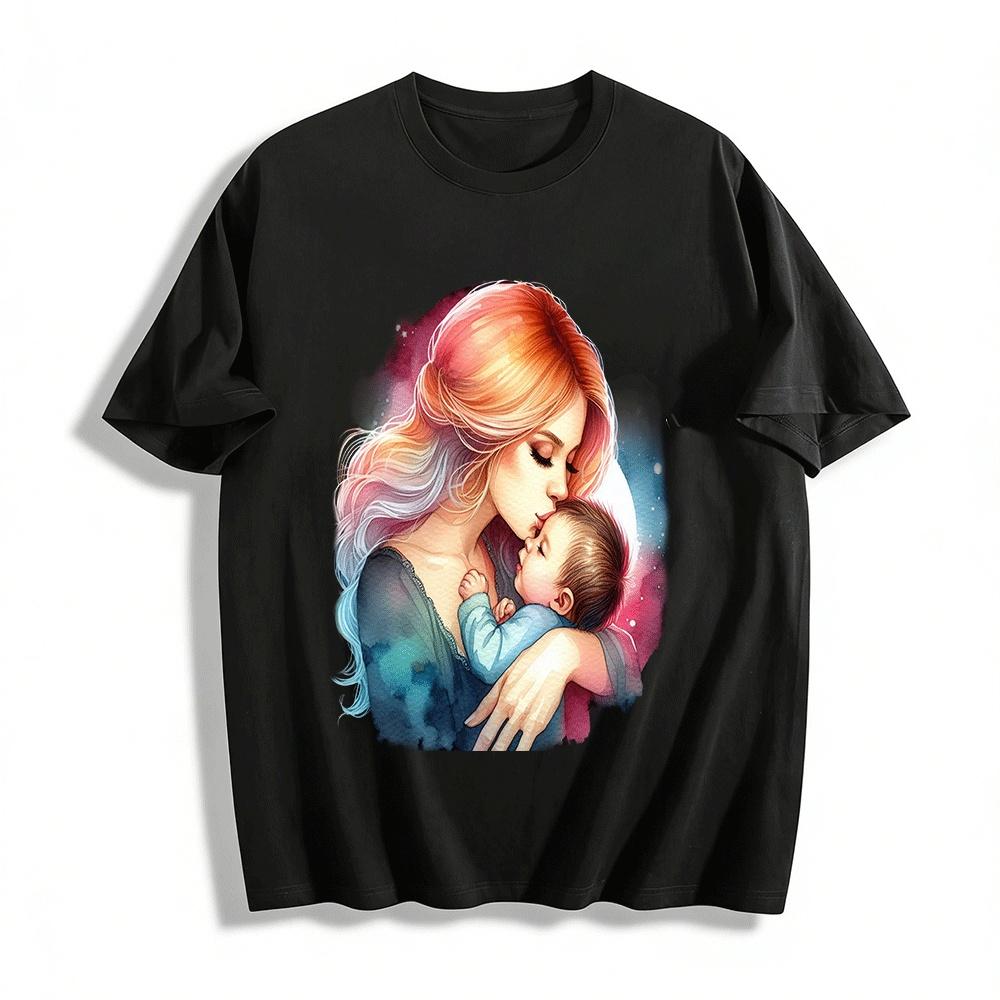 Watercolor Mother And Baby Kiss Print Casual Long Sleeve Top Pure cotton T-shirt XXS