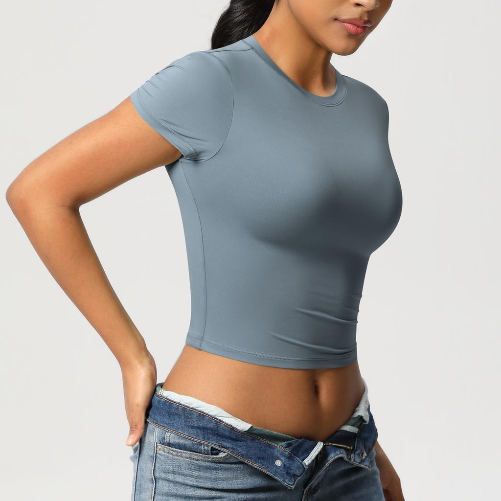 Double Sided Nylon Casual Tight Quick Drying Pilates Top Yoga Suit Short Sleeved Running Fitness T-shirt