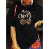 Damen Weiches Polyester Orange T-Shirt Leopard Kirschmuster Kurzarm Lässig Party Wochenende Mode Maschinenwaschbares Oberteil
