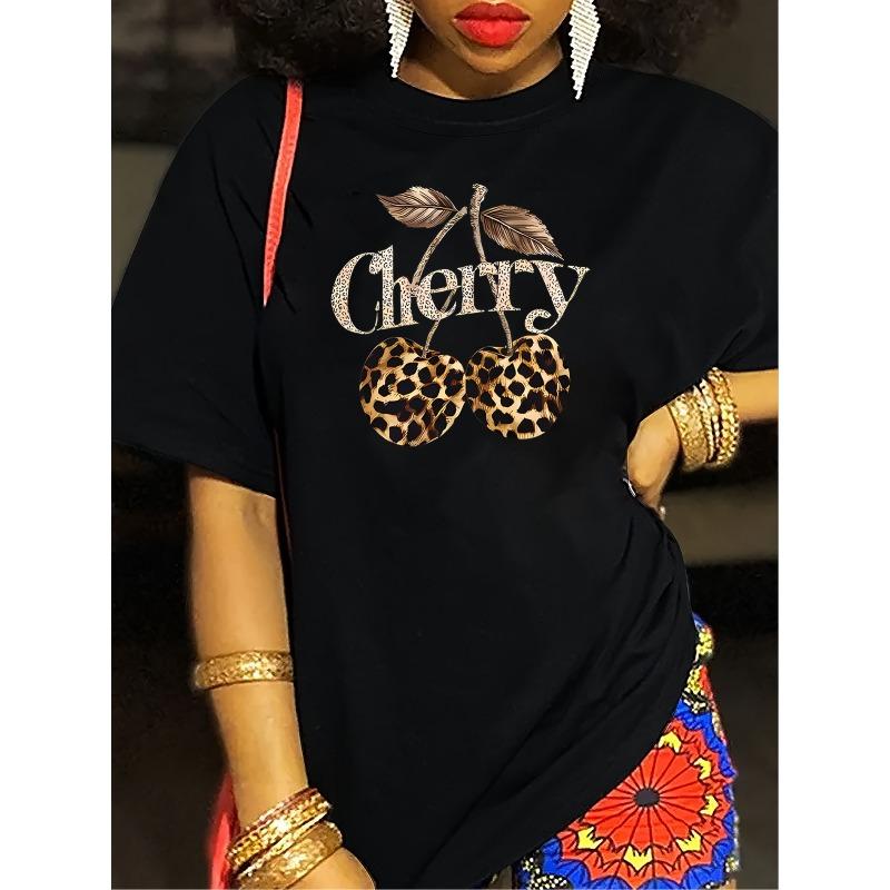 Damen Weiches Polyester Orange T-Shirt Leopard Kirschmuster Kurzarm Lässig Party Wochenende Mode Maschinenwaschbares Oberteil