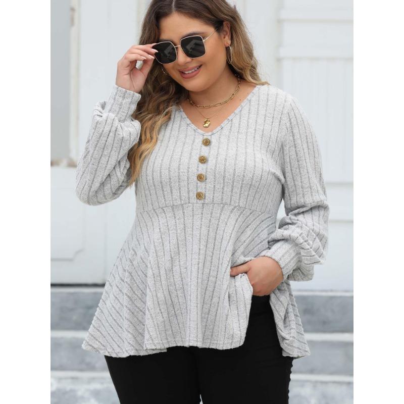 Women S Plus Size Fall Winter Knit Top Lantern Sleeve Button Decorated Pullover Sweater