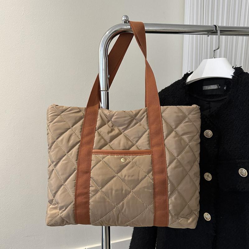 Women Retro Personality Large Capacity Quilted Shoulder Bags Casual Contrast Color Handbags Oxford Padded Tote Shopping Bags MIT