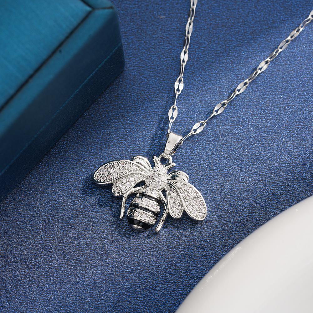 Titanium Steel Bee Pendant Necklace with Micro-inlaid Zirconia - European & American Style Clavicle Chain Jewelry