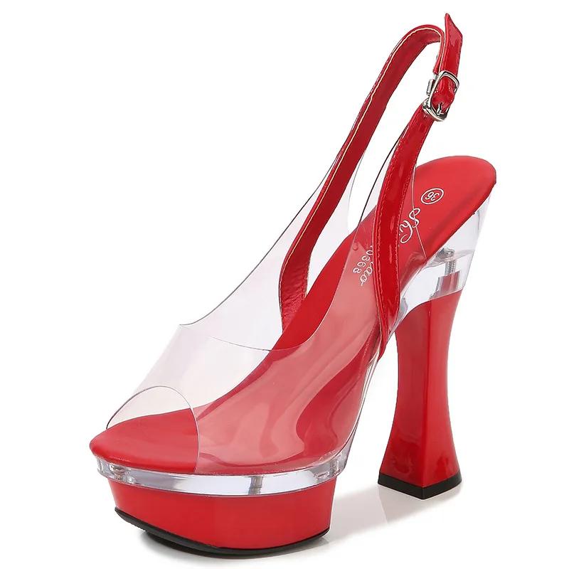 Fashion Summer Fish Mouth Shoes Nightclub Thick Heel High Heel Shoes 14CM Car Model Sandals Women's Walking Show Steel Pipe