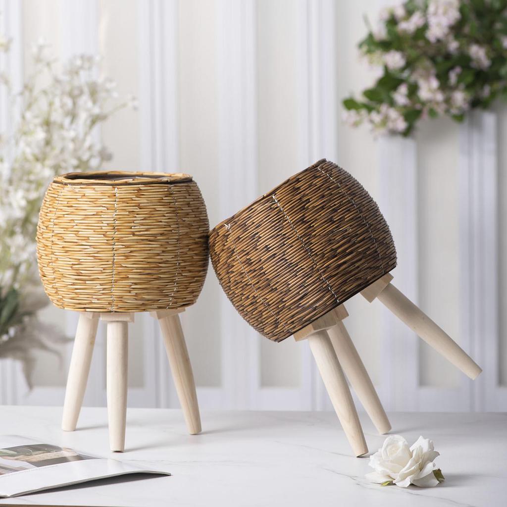 Imitation Rattan Triangular Flower Pot Stand: Creative Desktop Succulent Storage, Straw Woven Design, Large.