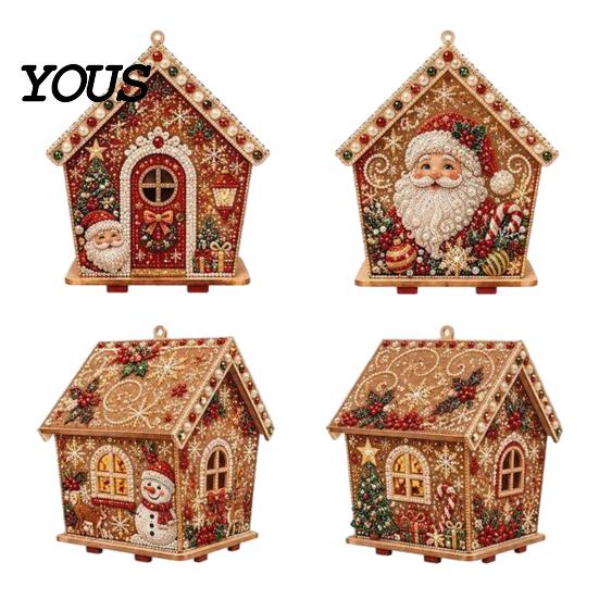 DIY Faux Pearl Bead Craft Set Christmas Art Ornament Kit, Wooden House Snowman Holiday Hanging Decoration Supplies Santa Reindeer Pattern, Handmade