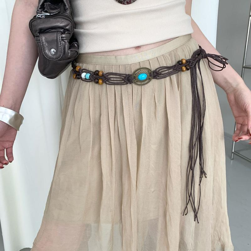 Boho Ethnic Style Beaded Waist Rope High-Quality Braided Belt For Dresses Skirts, Adjustable Waistband For Beach & Casual Outfit