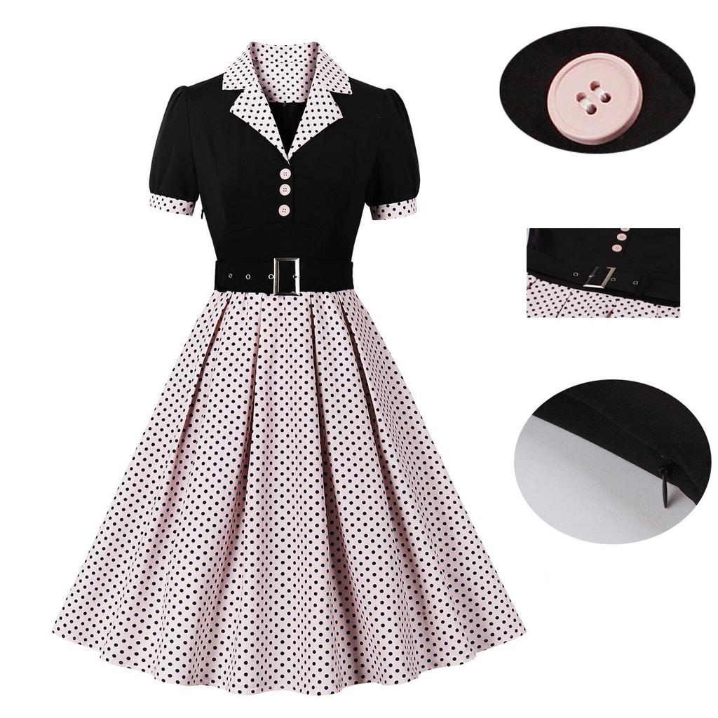 Casual Women's Fashion Polka Dot Women's Skirt, Lapel, Short Sleeved Belt, Slim Fit Spring and Summer Dress