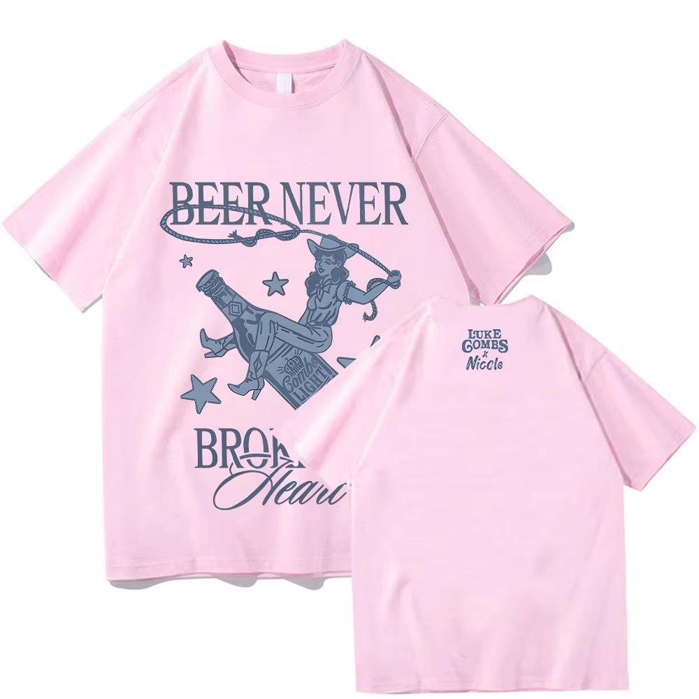Beer Never Broke My Heart Tee Luke Combs Music Man Woman Harajuku O-Neck Short Sleeve Shirts Lightweight Breathable and Comfortable Clothes