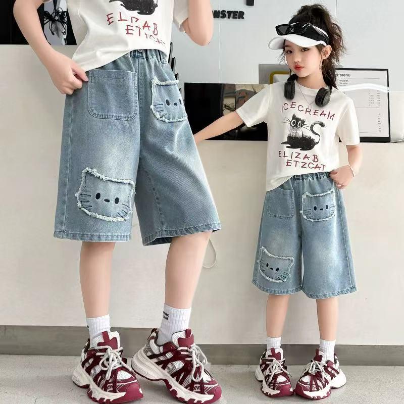 Girls Denim Cat Shorts 2026 - Stylish Summer Capris for Kids 140 cm