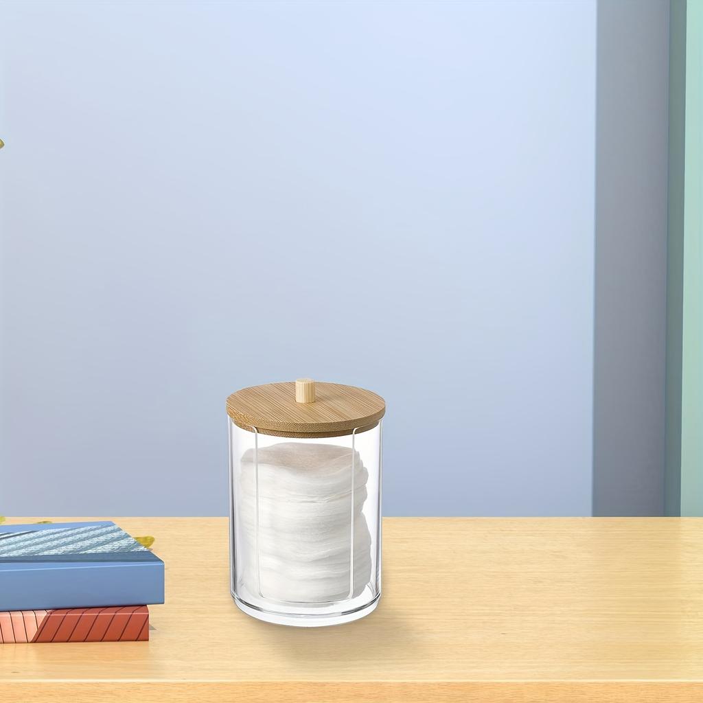 1pcs Cotton Round Pad Dispenser With Bamboo Lid, Small Clear Acrylic Containers For Cotton Swab/ball, Transparent Jars For Bathroom Vanity