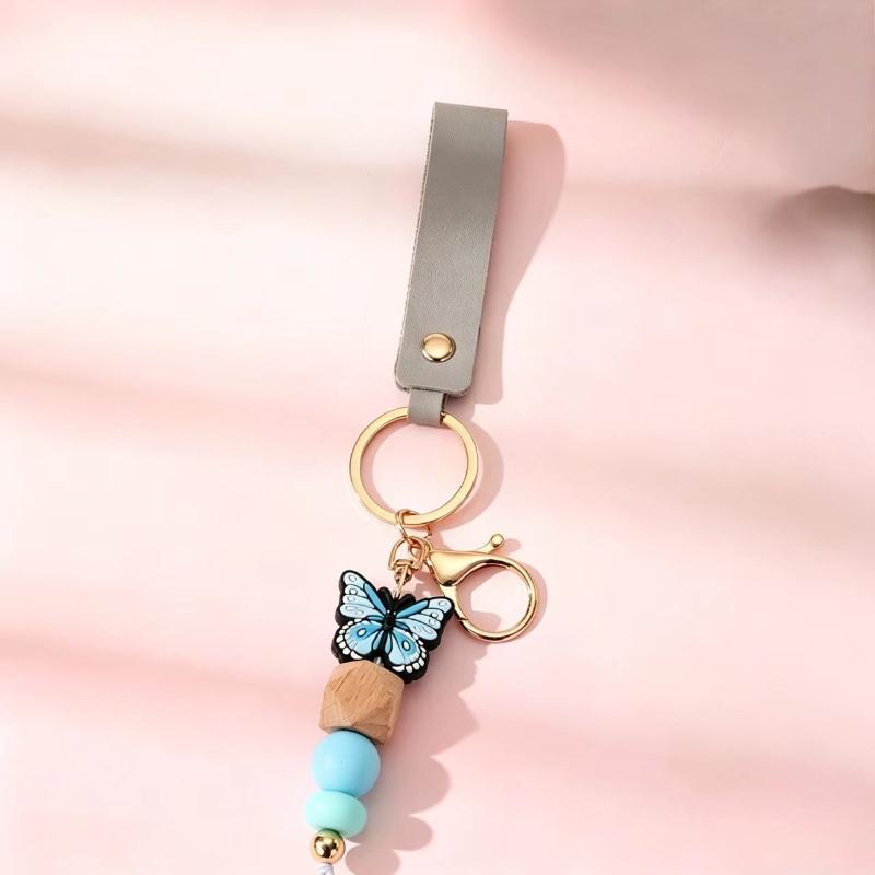 1Pcs Butterfly Silicone Beaded Keychain Personalized PU Leather Bag Charm for Camping Backpack Decor Ornament