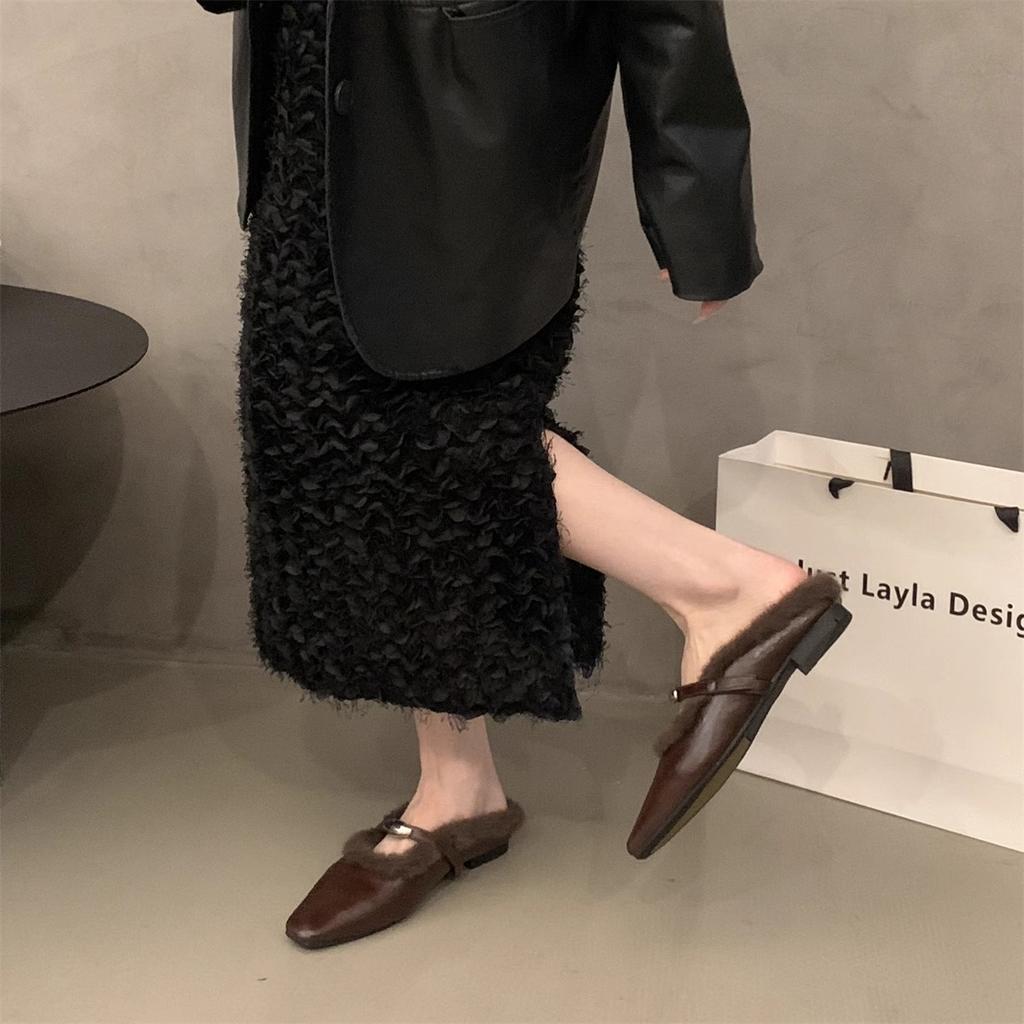 Evening Wind Gentle Velvet Bag Head Half Drag Women's Shoes Mao Mao Shoes Autumn and Winter Wear Muller Shoes One Pedal Mao Mao Drag Single Shoes