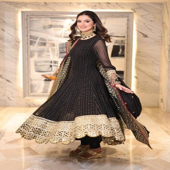 Women's Black Mirror Work Flared Anarkali Gown Set with Dupatta