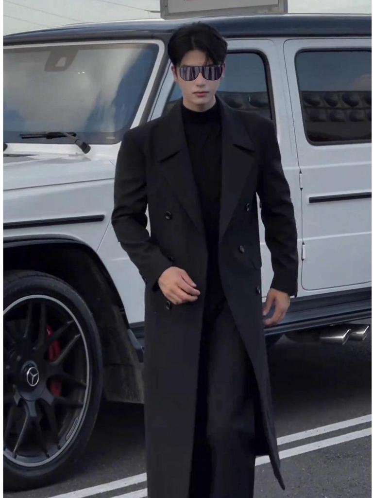 French-Inspired Men's Double-Breasted Trench Coat - Autumn/Winter, Mature Korean Trend, Drop Shoulder Woolen Style