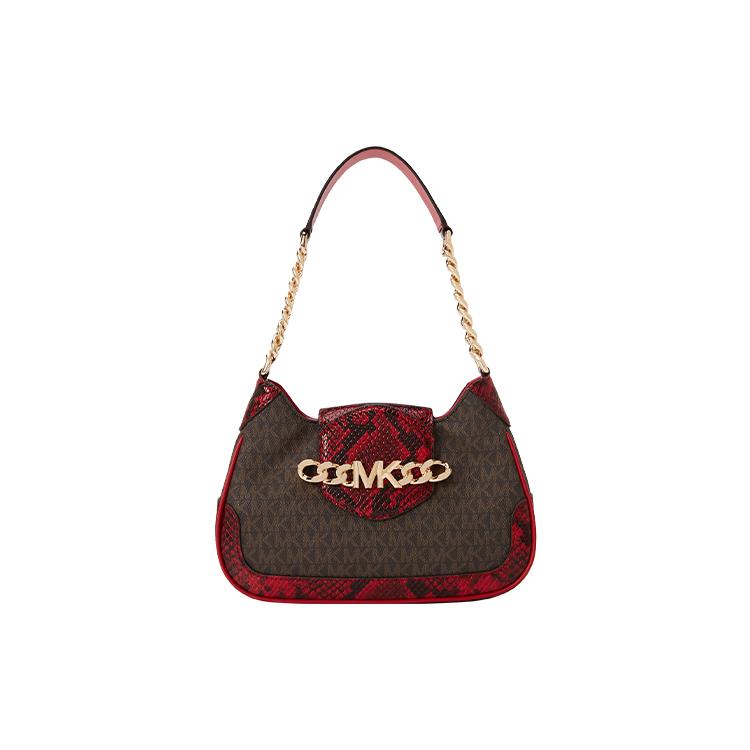 New MICHAEL KORS Hally Cow Leather With Artificial Leather Handbag, Shoulder Bag Women's Dark Brown/Red 30H1G2HL0E-602