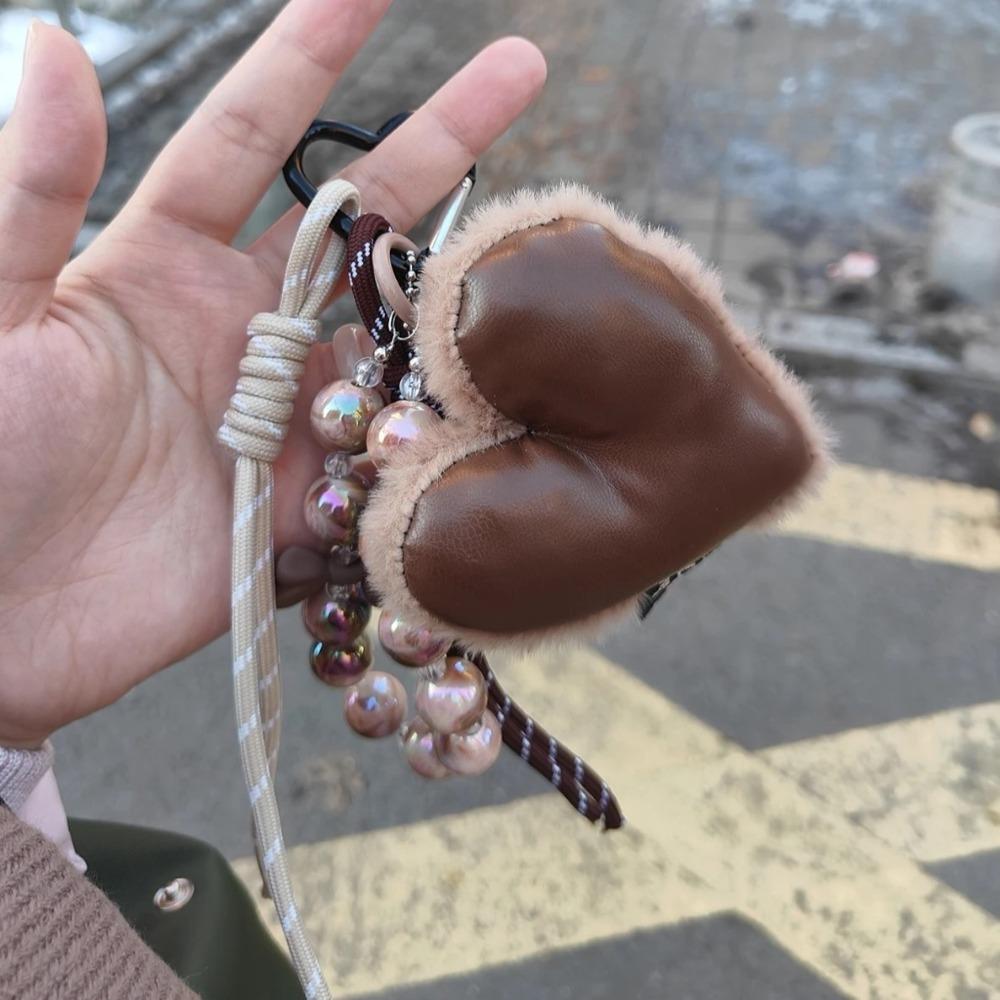 Bow Beaded Leather Love Keychain Y2k Korean Charm Rope Keyring Plush Heart Bag Pendant  Decoration