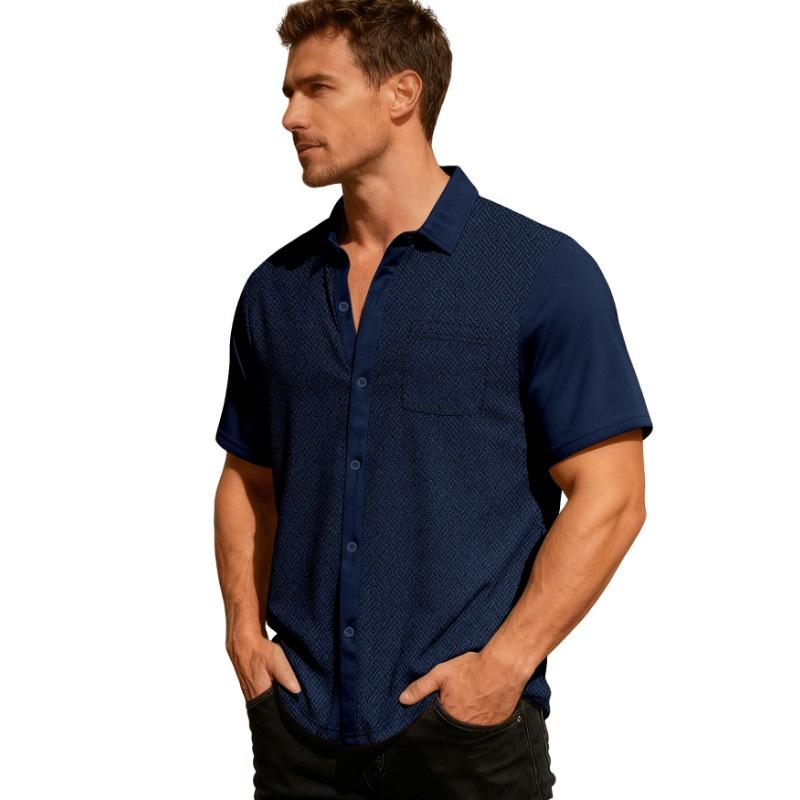 Men's Terry Jacquard Short Sleeve Lapel Cardigan Shirt Breathable Loose.