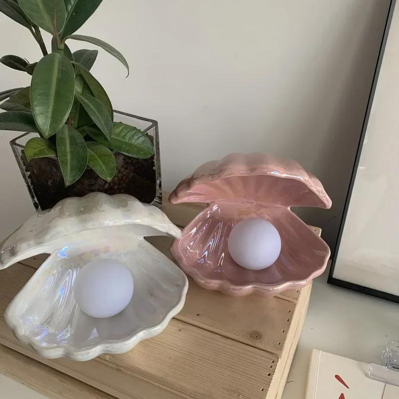 Shell Lamparas De Mesa Para El Dormitorio Night Light Pearl Jewelry Candeeiro Lampe Table Mariage Girl