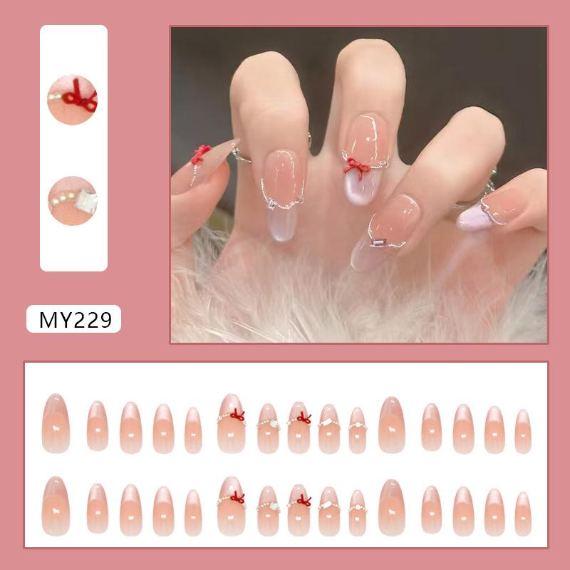 Blush Cat Eye Milkshake Gradual Change Flash Diamond Girl Bow Removable Manicure 30 Pieces