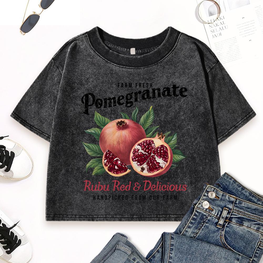 

Фермерский свежий гранат Фруктовый принт Выстиранная футболка Женская приталенная винтажная футболка Хлопок Летние топы Повседневная одежда XL