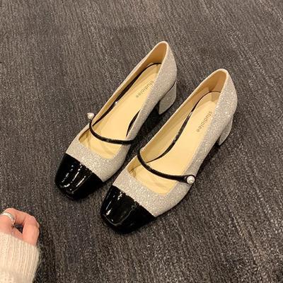 Damenschuhe Glitzer Pailletten Bankett Kleiner Duft Eckige Zehe Ein Riemen Klobiger Absatz Mary Jane Einzelne Schuhe