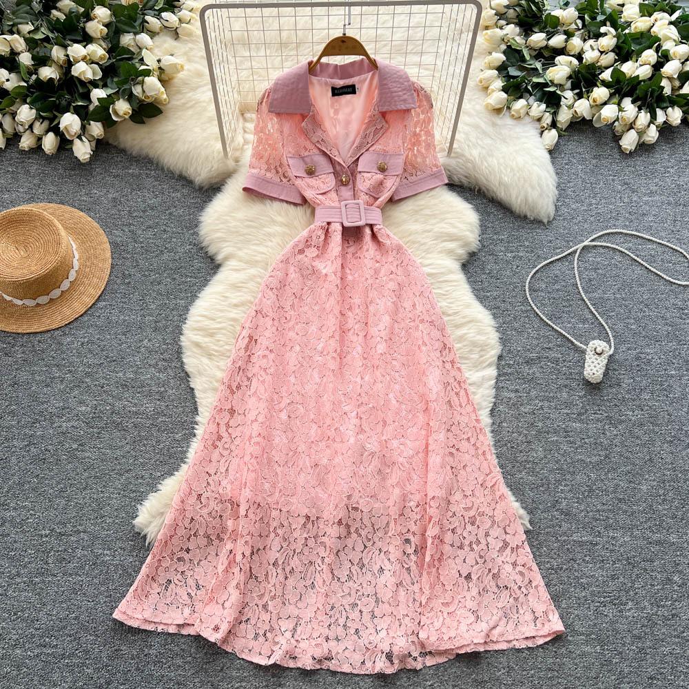 Light luxury French style high-end short-sleeved dress women's summer suit collar lace mesh belt big pendulum long skirt