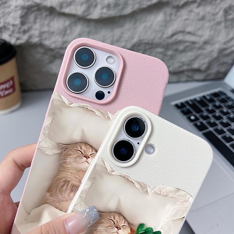 Sleeping Cat Carrot Pattern Case For iPhone 17 Pro Max Funda iPhone 16 Pro Max 15 14 13 12 11 Air 16E Leather Texture Silicone Cover