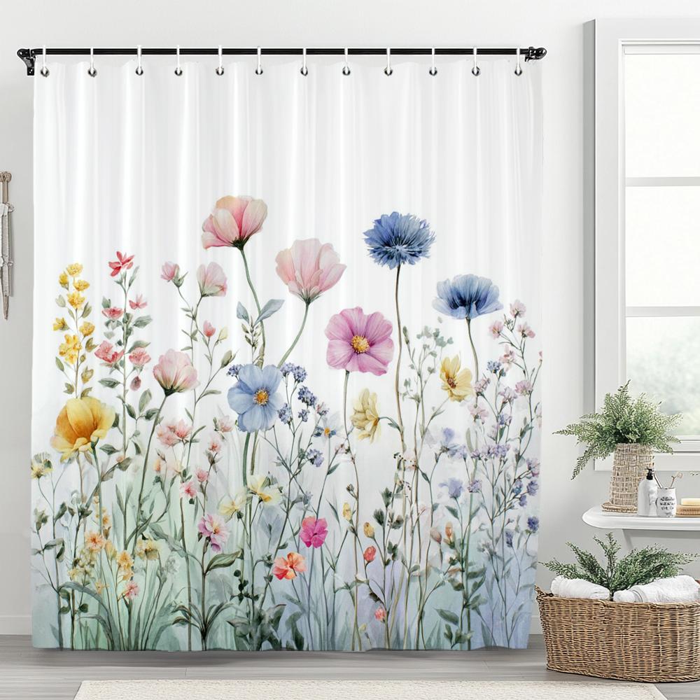 Floral Shower Curtain, Bathroom Watercolor Floral Shower Curtain, Modern Flowers Decorative Fabric Home Curtain With Hooks