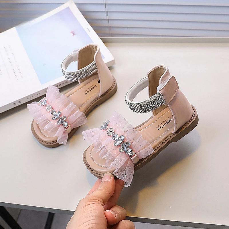 

Летние сандалии на плоской подошве для девочек с высоким берцем, роскошные детские сандалии со стразами для принцесс, модные повседневные детские кружевные римские сандалии 23 розовый