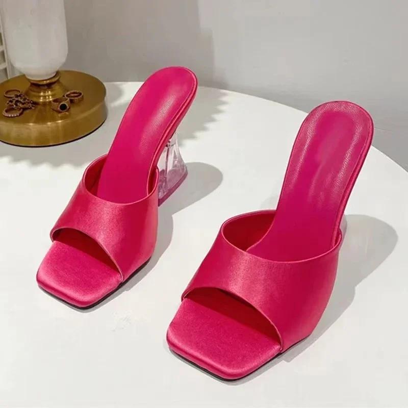 Summer Green Women's Shoes Slippers Silky Wide Band Transparent Strange High Heels Comfortable PU Leather Slides Sandals Pumps