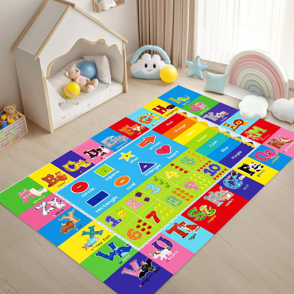 Educational Kids Learning Rug Alphabet Numbers Shapes Colorful Early Education Anti-Slip Carpet for Children's Room Bedroom